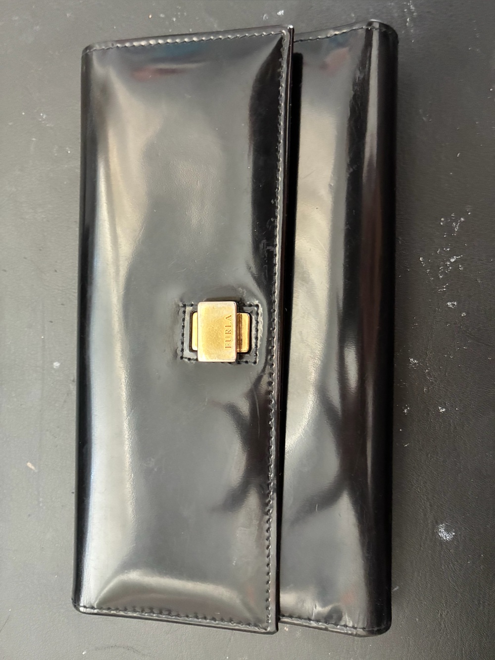Furla Black Patent Leather Men's Clutch with Gold-Tone Hardware
